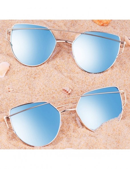 Aviator Sunglasses for Women Cat Eye Mirrored Flat Lenses Metal Frame Fashion Sunglasses UV 400 - Blue - CS184ZTWX7L $9.60