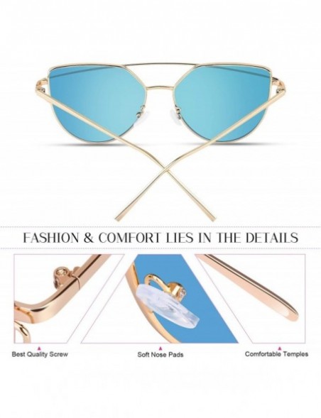 Aviator Sunglasses for Women Cat Eye Mirrored Flat Lenses Metal Frame Fashion Sunglasses UV 400 - Blue - CS184ZTWX7L $9.60