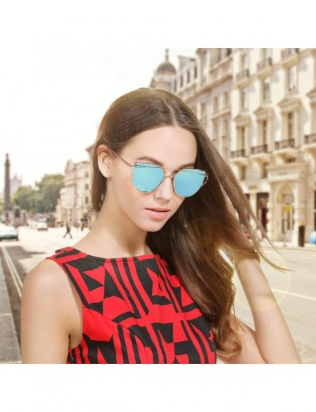 Aviator Sunglasses for Women Cat Eye Mirrored Flat Lenses Metal Frame Fashion Sunglasses UV 400 - Blue - CS184ZTWX7L $9.60