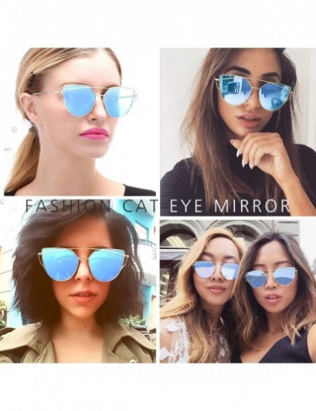 Aviator Sunglasses for Women Cat Eye Mirrored Flat Lenses Metal Frame Fashion Sunglasses UV 400 - Blue - CS184ZTWX7L $9.60