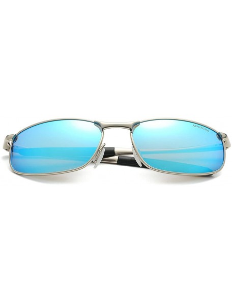 Rectangular Polarized Sunglasses For Men Rectangle Metal Frame Retro Sun Glasses AE0395 - Silver&blue - C517YAM79MD $14.08
