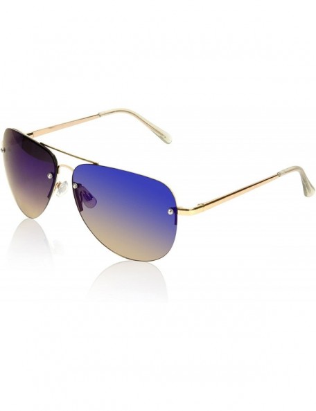 Round Aviator Sunglasses For Women And Men Big Half Rimmed Glasses UV400 - Gold Frame - Gradient Blue Lens - CW18I4CXCED $10.93