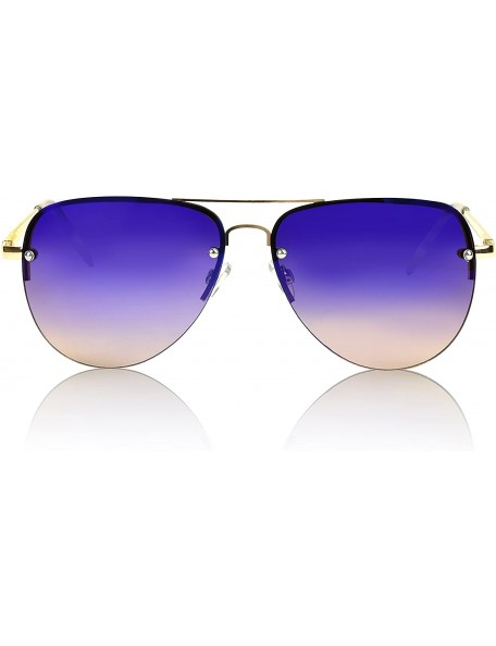 Round Aviator Sunglasses For Women And Men Big Half Rimmed Glasses UV400 - Gold Frame - Gradient Blue Lens - CW18I4CXCED $10.93