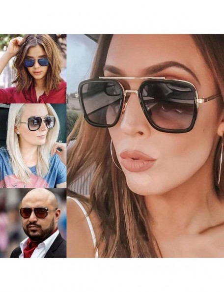 Square Vintage Square Sunglasses for Men Women Metal Frame Classic Iron Man Tony Stark Sun Glasses Gradient Flat Lens - C918Z...