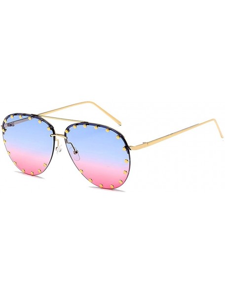 Aviator Women Rimless Oversized Studded Sunglasses Gradient Lens Rivet Fashion WS027 - Gold Frame Blue Pink Lens - C718CCISK4...