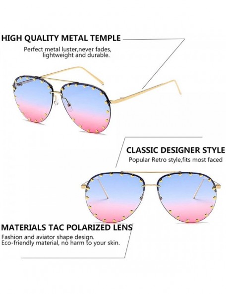 Aviator Women Rimless Oversized Studded Sunglasses Gradient Lens Rivet Fashion WS027 - Gold Frame Blue Pink Lens - C718CCISK4...