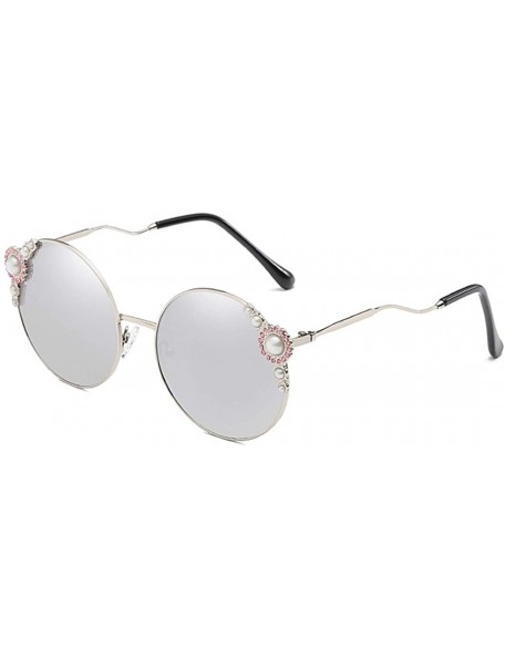 Oversized Fashion Round Pearl Decor Sunglasses UV Protection Metal Frame - Silver Frame Silver Lens-t - C718UKR98S4 $12.68