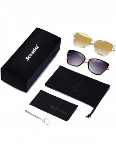 Round Oversized Cateye Sunglasses for Women - Fashion Metal Frame Cat Eye Womens Sunglasses - 2 Pack (Black+gold) - CC18WK003...