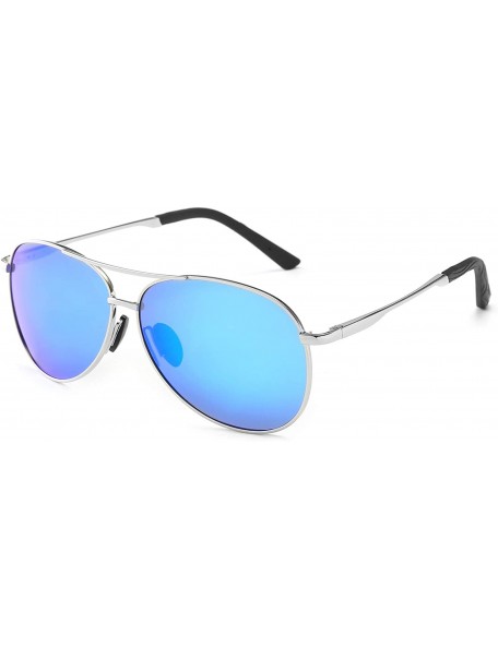 Round Premium Military Style Classic Aviator Sunglasses with Spring Hinges - Silver Frame Blue Mirror Lens - CJ18QSNE0CY $16.39