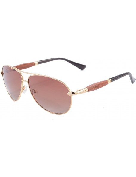 Aviator Genuine Wood Temples Metal Frame Sunglasses UV400 Eye Protection Glasses-1579 - C4 - CD12DOMASFX $24.87