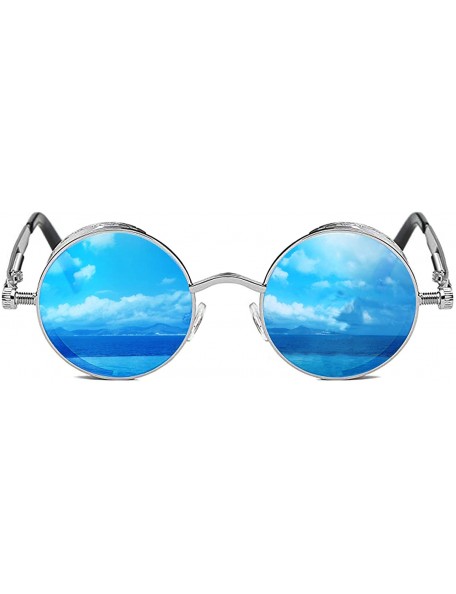 Shield Gothic Steampunk Polarized Sunglasses For Men Women UV Sunglasses Metal Full Frame - Silver Frame/Light-blue Lens - CO...