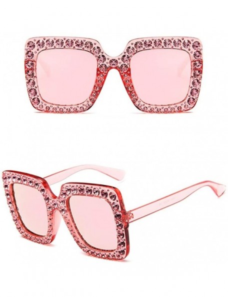 Square Crystal Studded Rim Oversized Square Sunglasses - Red Frame Revo Pink Lens - CM18Q2OLCQ3 $40.60