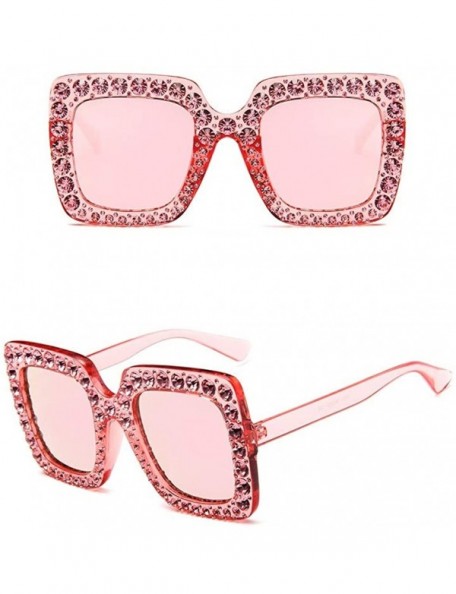 Square Crystal Studded Rim Oversized Square Sunglasses - Red Frame Revo Pink Lens - CM18Q2OLCQ3 $25.84