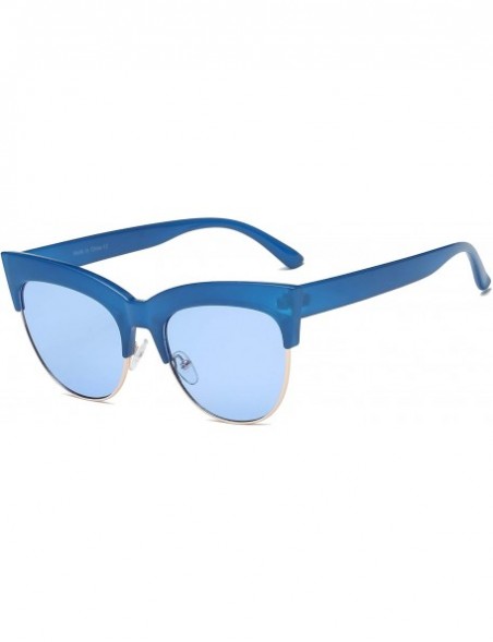 Oversized Women Half Frame Round Cat Eye Fashion Sunglasses - Blue - CJ18IS2TSRK $11.06