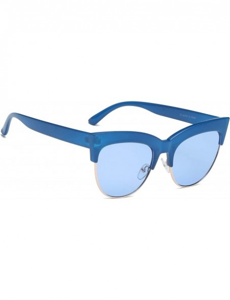 Oversized Women Half Frame Round Cat Eye Fashion Sunglasses - Blue - CJ18IS2TSRK $11.06