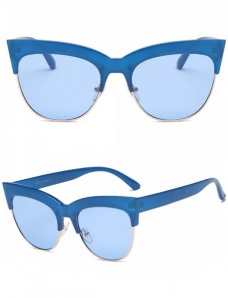 Oversized Women Half Frame Round Cat Eye Fashion Sunglasses - Blue - CJ18IS2TSRK $11.06