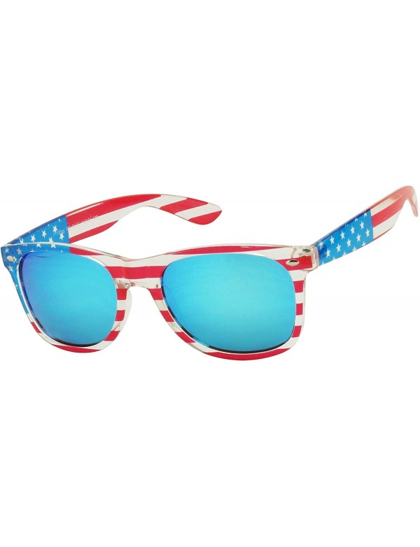 Round Patriotic American Flag Clear Round Retro Blue Mirrored Stars Stripes 4th of July Sunglasses - Blue Mirrored Lens - CY1...