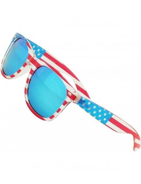 Round Patriotic American Flag Clear Round Retro Blue Mirrored Stars Stripes 4th of July Sunglasses - Blue Mirrored Lens - CY1...