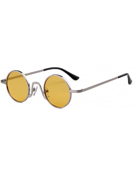 Round Retro Small Round Sunglasses for Men Women Vintage John Lennon Style Metal Frame - Silver Frame/Yellow Lens - C118KA829...