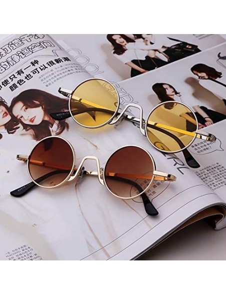 Round Retro Small Round Sunglasses for Men Women Vintage John Lennon Style Metal Frame - Silver Frame/Yellow Lens - C118KA829...