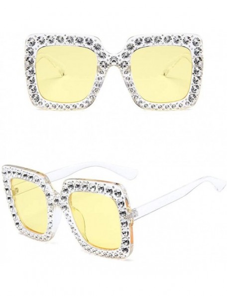 Square Crystal Studded Rim Oversized Square Sunglasses - Clear Frame Yellow Lens - C318Q4XGW2S $39.52