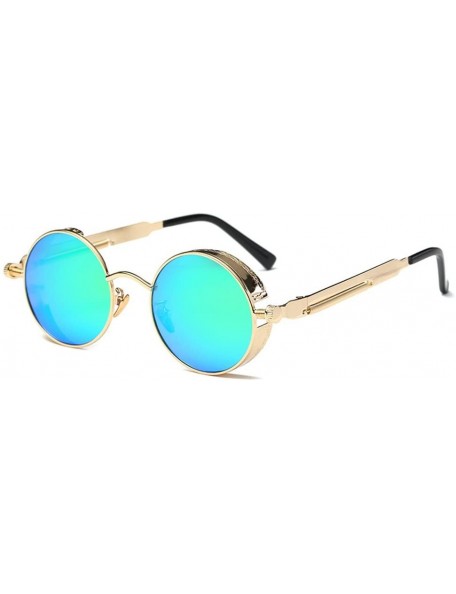 Oversized Men Women Retro Vintage Glasses Steampunk Round Metal UV400 Eyewear Sunglasses Anti Uv Sunglass Golden + Blue - CA1...