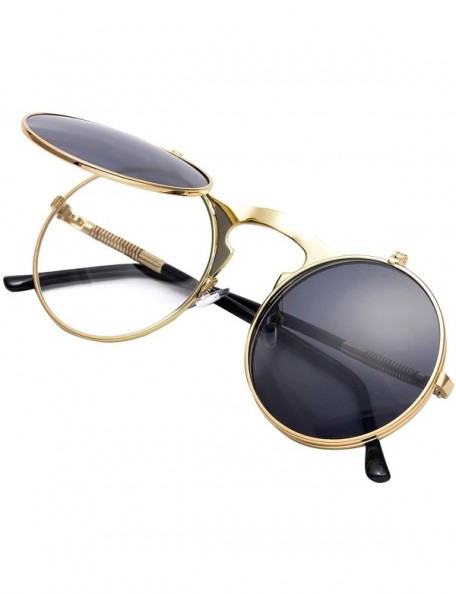 Wayfarer Vintage Round Flip Up Sunglasses for Men Women Juniors John Lennon Style Circle Sun Glasses - CI184EWTDRN $19.53