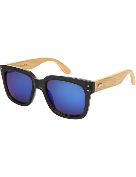 Square Wood Bamboo Square Sunglasses for Men Women with Mirrored Lens 541102BM-REV - CT18OHIZ7DY $12.59