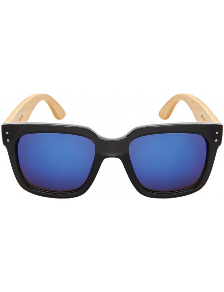 Square Wood Bamboo Square Sunglasses for Men Women with Mirrored Lens 541102BM-REV - CT18OHIZ7DY $12.59