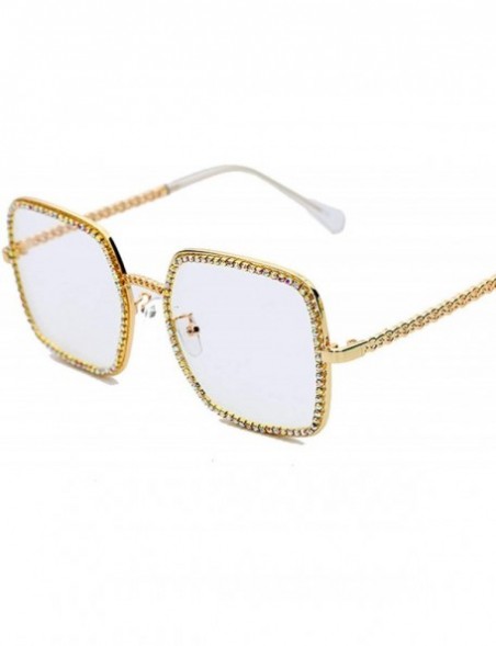 Goggle Square Flat Light Diamond Sunglasses Women Luxury Crystal Clear Eyeglasses Vintage Big Frame Female Glasses - CF197A2Z...