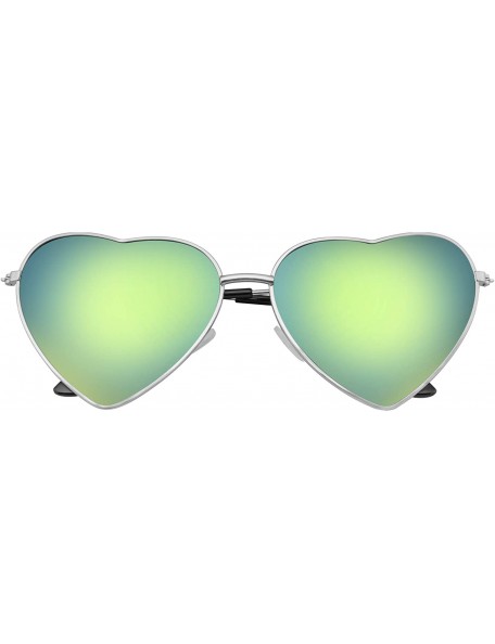 Aviator Cute Womens Metal Heart Shape Flash Mirrored Sunglasses - Silver Green Ice - CD11PQZ02EP $8.67