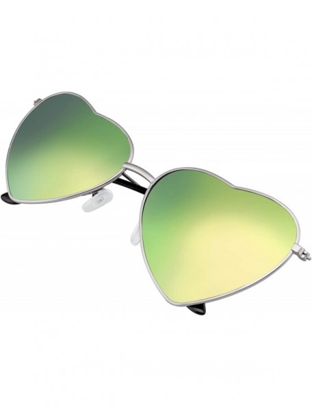 Aviator Cute Womens Metal Heart Shape Flash Mirrored Sunglasses - Silver Green Ice - CD11PQZ02EP $8.67