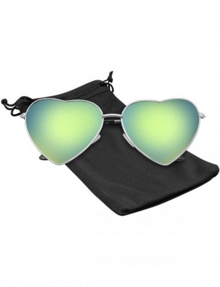 Aviator Cute Womens Metal Heart Shape Flash Mirrored Sunglasses - Silver Green Ice - CD11PQZ02EP $8.67