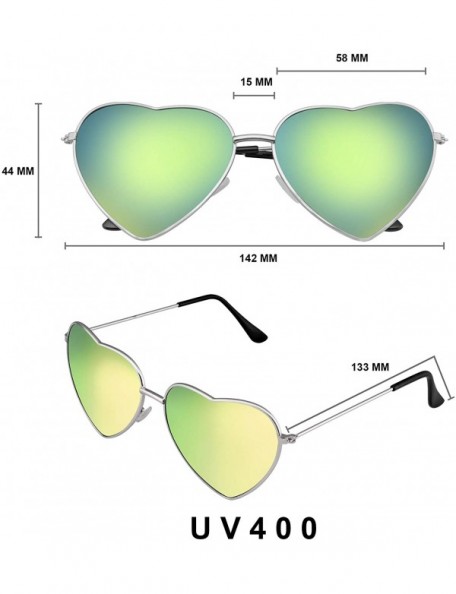 Aviator Cute Womens Metal Heart Shape Flash Mirrored Sunglasses - Silver Green Ice - CD11PQZ02EP $8.67