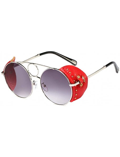 Round Women's Fashion Sunglasses Metal Round Frame Eyewear With Leather - Silver Gray - C518W7G28YS $28.56