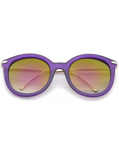 Round Women's Transparent Glitter Frame Ultra Slim Metal Temple Round Sunglasses 56mm - Purple-gold / Purple Mirror - C912OBE...