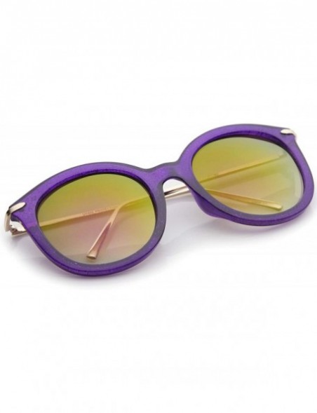 Round Women's Transparent Glitter Frame Ultra Slim Metal Temple Round Sunglasses 56mm - Purple-gold / Purple Mirror - C912OBE...