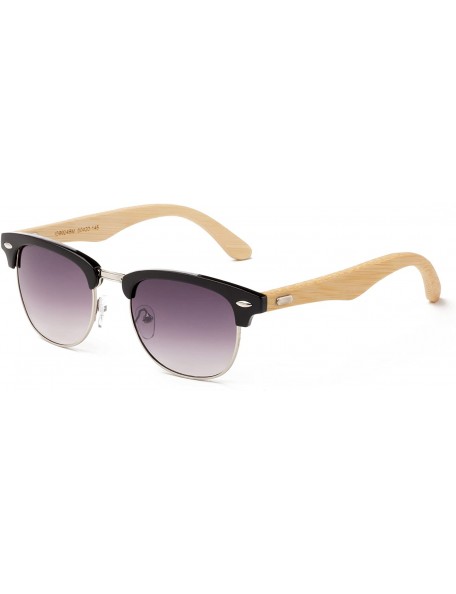 Round "Lighteon" Vintage Design Fashion Sunglasses Real Bamboo - Black/Silver/Light Bamboo - CJ12M1OD691 $15.20