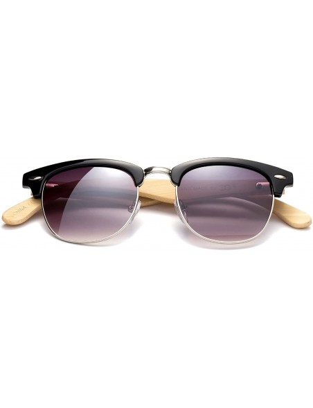Round "Lighteon" Vintage Design Fashion Sunglasses Real Bamboo - Black/Silver/Light Bamboo - CJ12M1OD691 $15.20