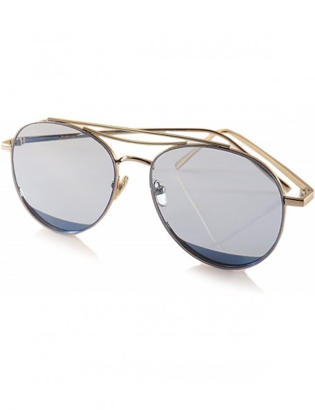 Round Slim Round Metal Frame Color Tinted Flat Lens Sunglasses A020 - Silver/ Blue - CQ186975GGX $12.74