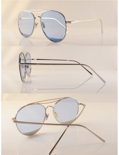 Round Slim Round Metal Frame Color Tinted Flat Lens Sunglasses A020 - Silver/ Blue - CQ186975GGX $12.74