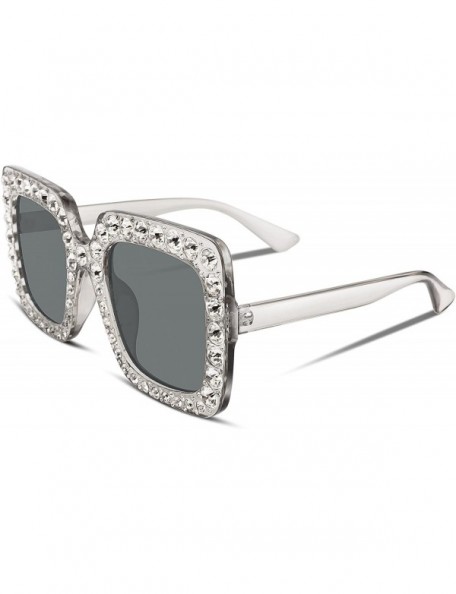 Cat Eye Women Sparkling Crystal Sunglasses Oversized Square Thick Frame B2283 - 3 Transparent & Grey - CM188HMDWEE $17.09