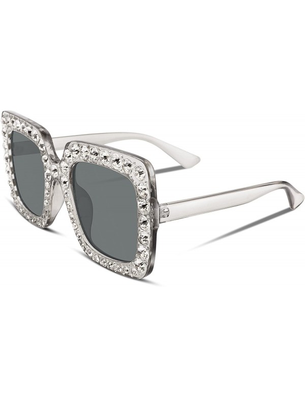 Cat Eye Women Sparkling Crystal Sunglasses Oversized Square Thick Frame B2283 - 3 Transparent & Grey - CM188HMDWEE $17.09