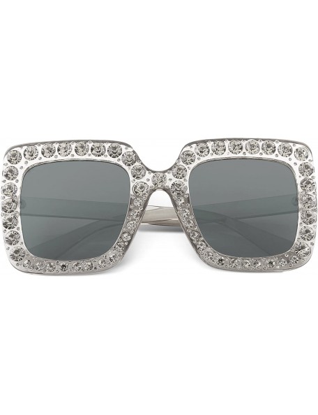 Cat Eye Women Sparkling Crystal Sunglasses Oversized Square Thick Frame B2283 - 3 Transparent & Grey - CM188HMDWEE $17.09