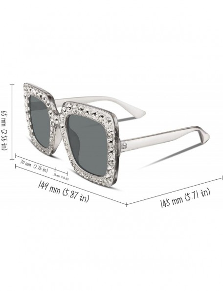 Cat Eye Women Sparkling Crystal Sunglasses Oversized Square Thick Frame B2283 - 3 Transparent & Grey - CM188HMDWEE $17.09