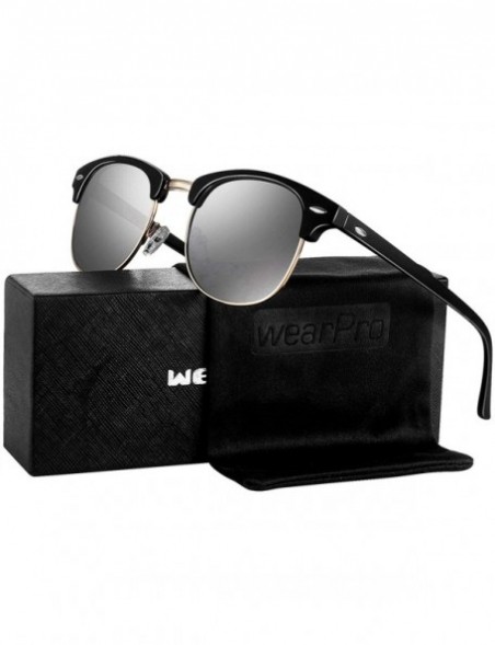 Round Sunglasses for Men Women - Retro Semi Rimless Polarized Sun Glasses WP1006 - Black Silver - CV18CG06WLY $17.23