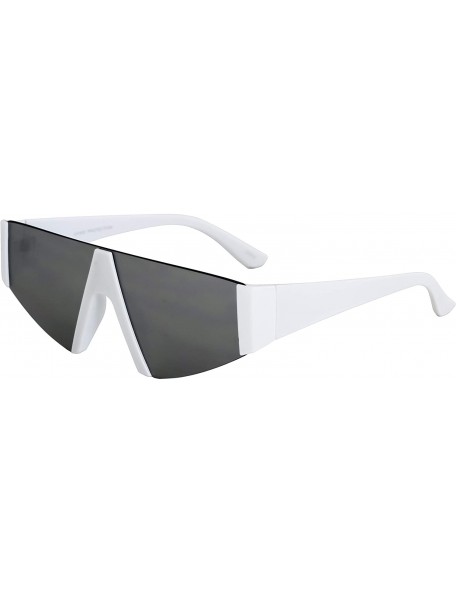 Shield Semi Rimless Neon Mirrored Shield Style Retro Fashion Flat Top Women and Men Sunglasses - White Silver Mirror - CX18XD...
