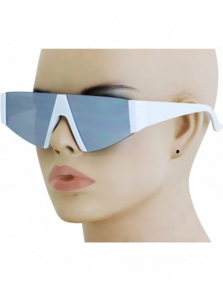 Shield Semi Rimless Neon Mirrored Shield Style Retro Fashion Flat Top Women and Men Sunglasses - White Silver Mirror - CX18XD...