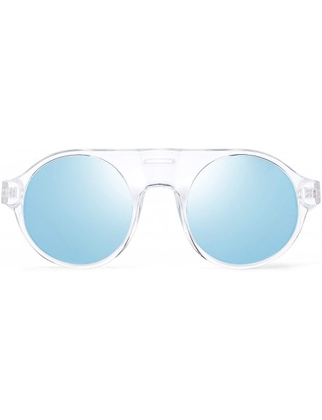 Round Polarized Sunglasses Men Women Flat Top Round Plastic Driving Glasses - Clear Frame / Polarized Mirror Blue Lens - CE19...