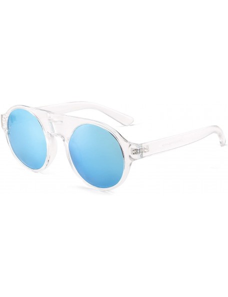 Round Polarized Sunglasses Men Women Flat Top Round Plastic Driving Glasses - Clear Frame / Polarized Mirror Blue Lens - CE19...
